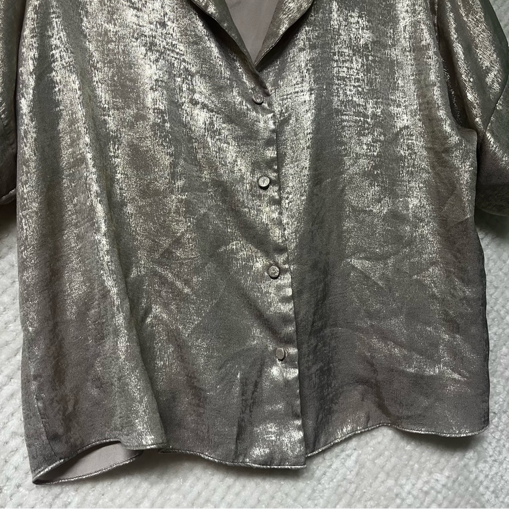 Linea Donatella Metallic Button Down Shirt Size Shiny Gold Short Sleeves Large - Picture 5 of 7